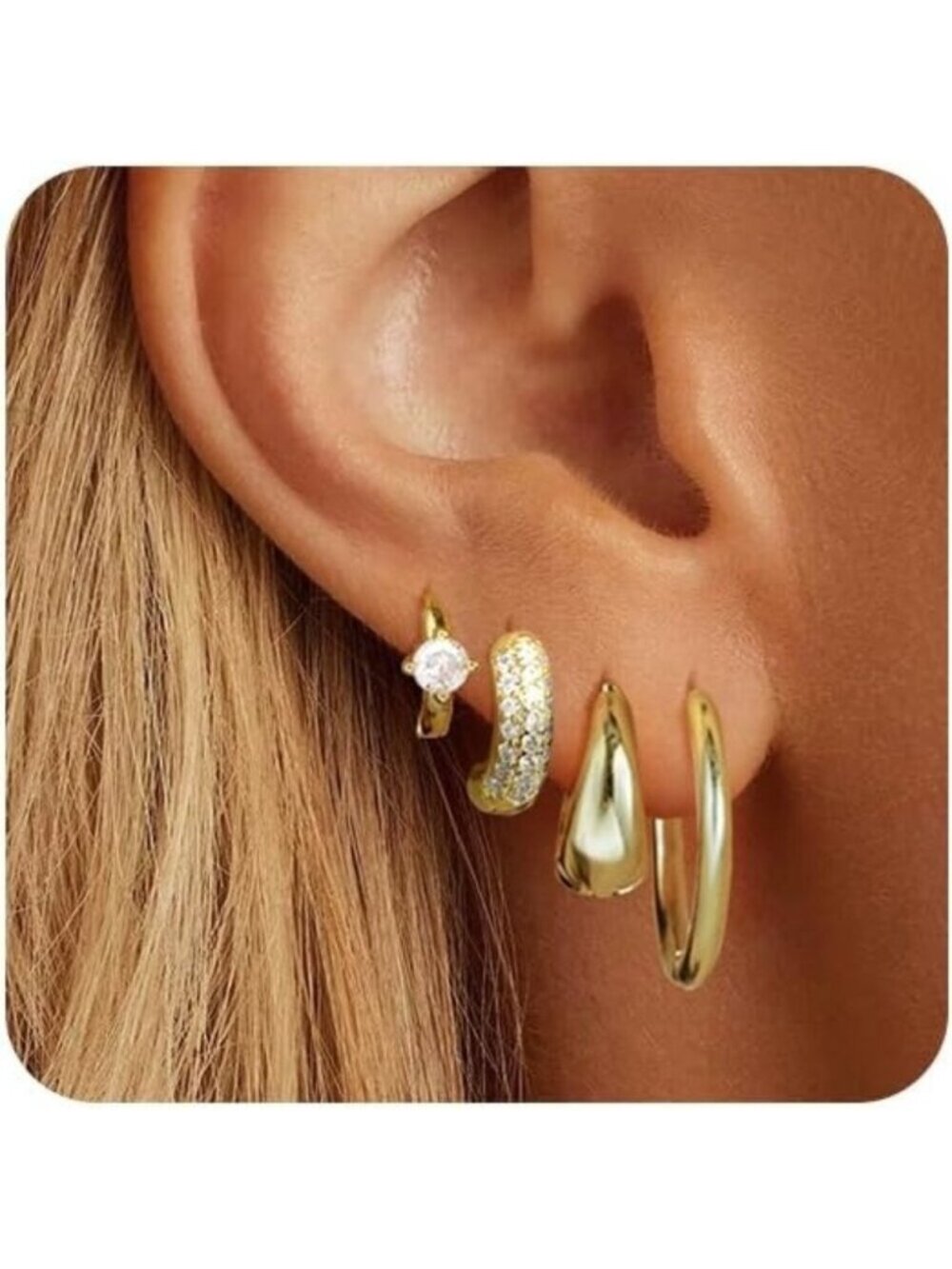 14K Gold Plated Lightweight Earrings Sets for Multiple Piercing Women Hoops